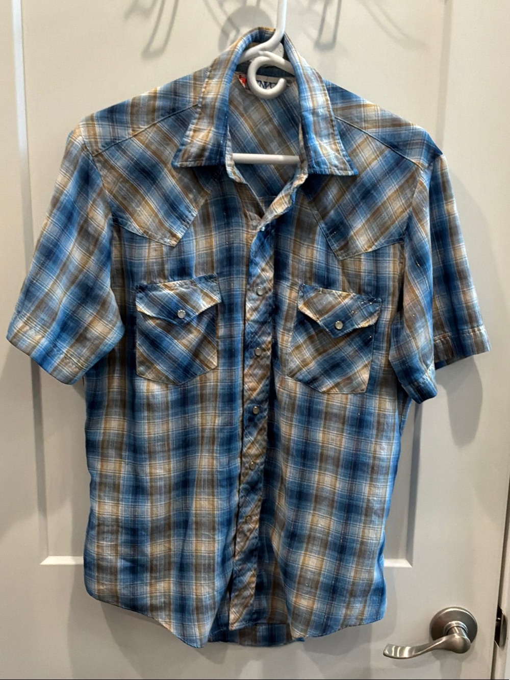 Envoy Western Vintage Pearl Button Men's Short Sleeve Plaid Shirt Blue Tan
